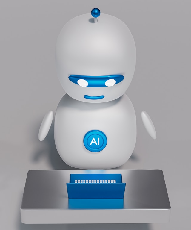 A single white robot sitting in front of a blue laptop.