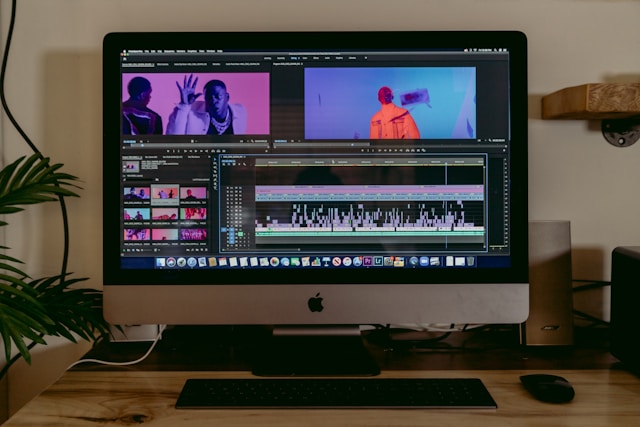 A computer showing a video during the editing process.